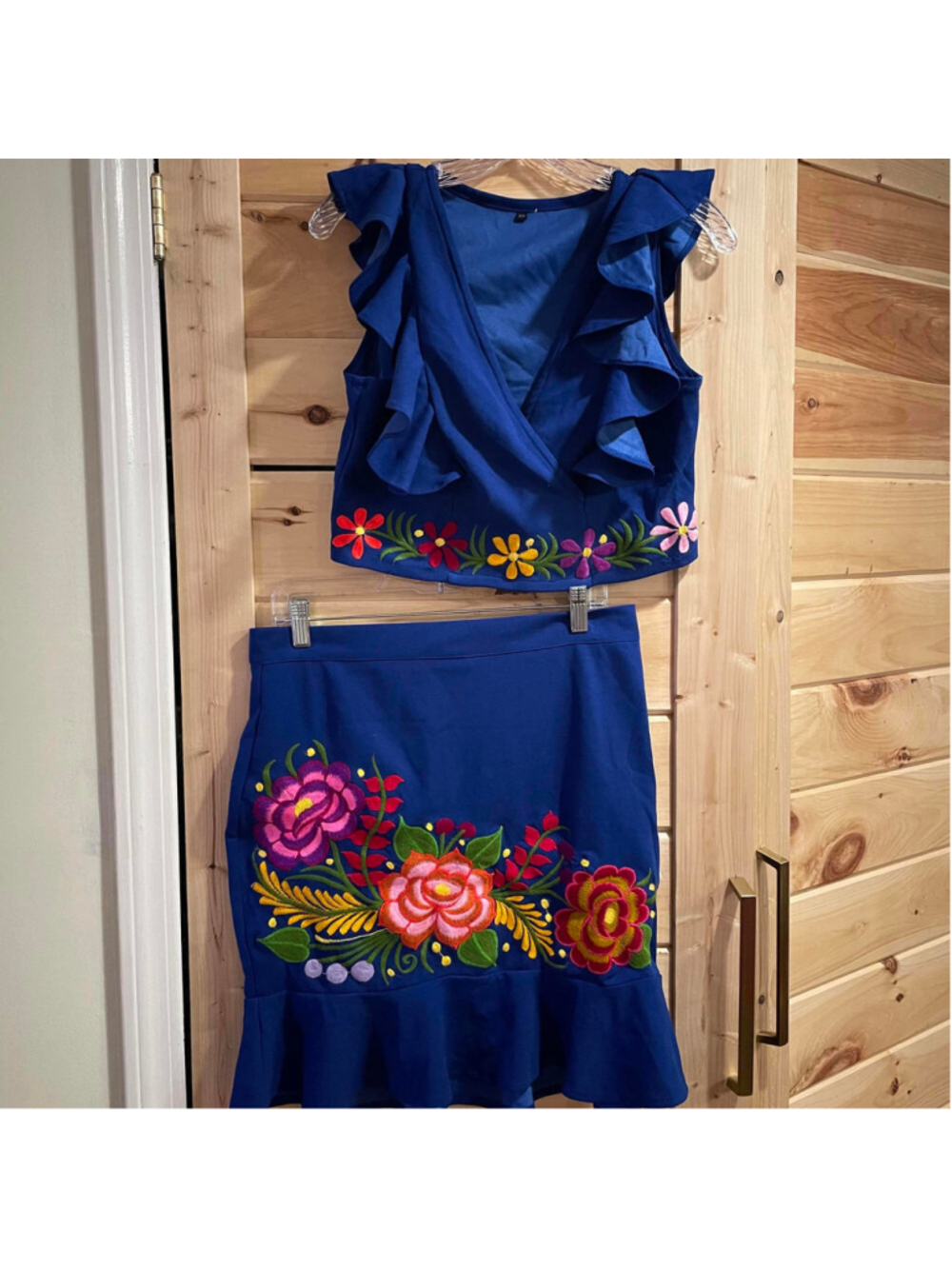 Women's Blue Floral Embroidered Skirt Suit Set